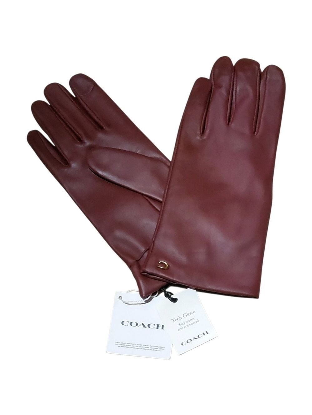 NEW COACH LEATHER TECH GLOVES SCULPTED SIGNATURE BURGUNDY WINE SIZE 8 - Picture 1 of 5